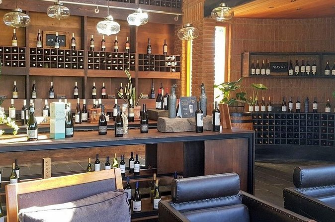 A tasting room at a Casablanca Valley winery, bottles ranked along the bar