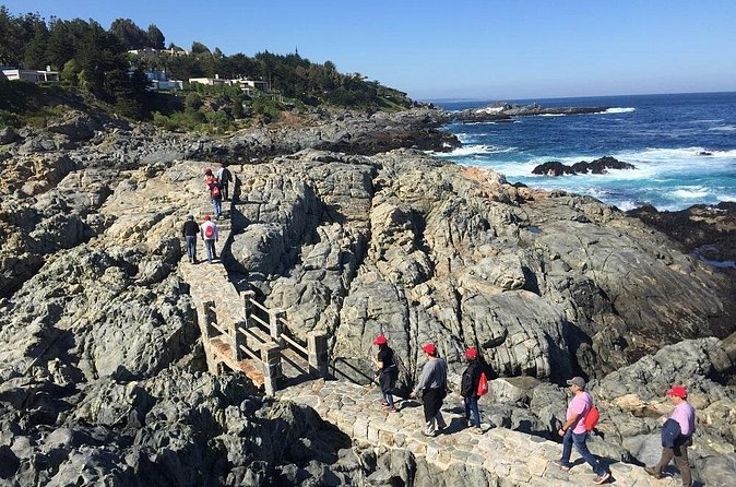 A footpath over dark rocks above the surf on the coast north of Valparaiso
