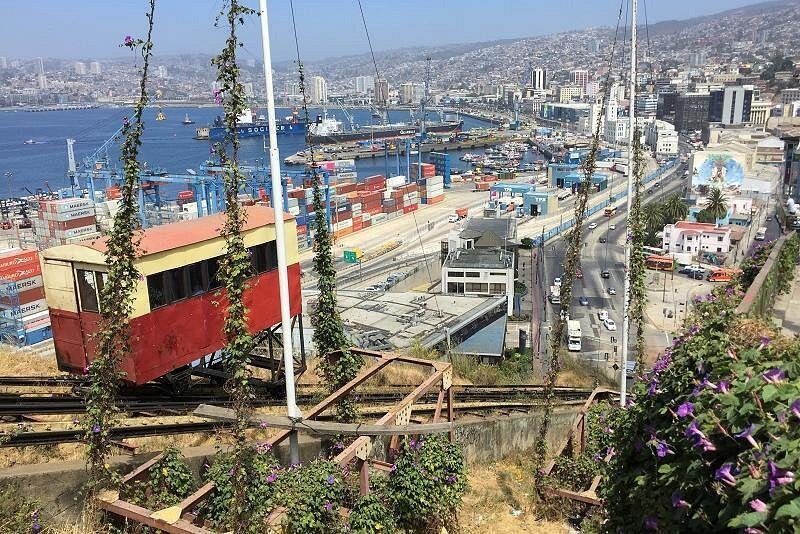 The container terminal and the bay of Valparaiso seen from a viewpoint up in the hills